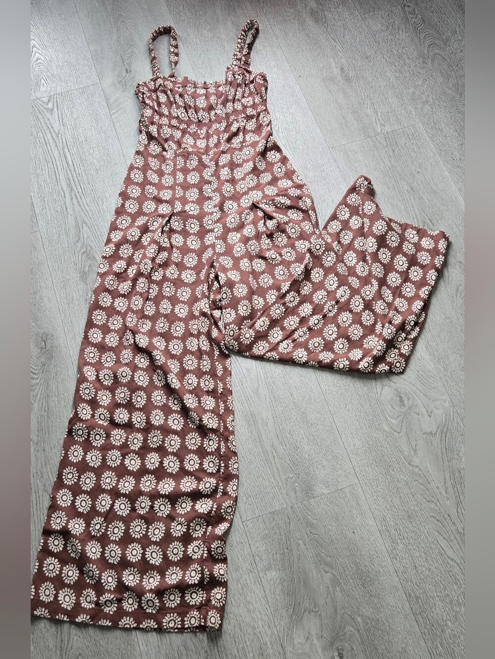Ecote Urban Outfitters Floral Wide Leg Jumpsuit Size M Linen Blend Lace Back - Picture 3 of 13